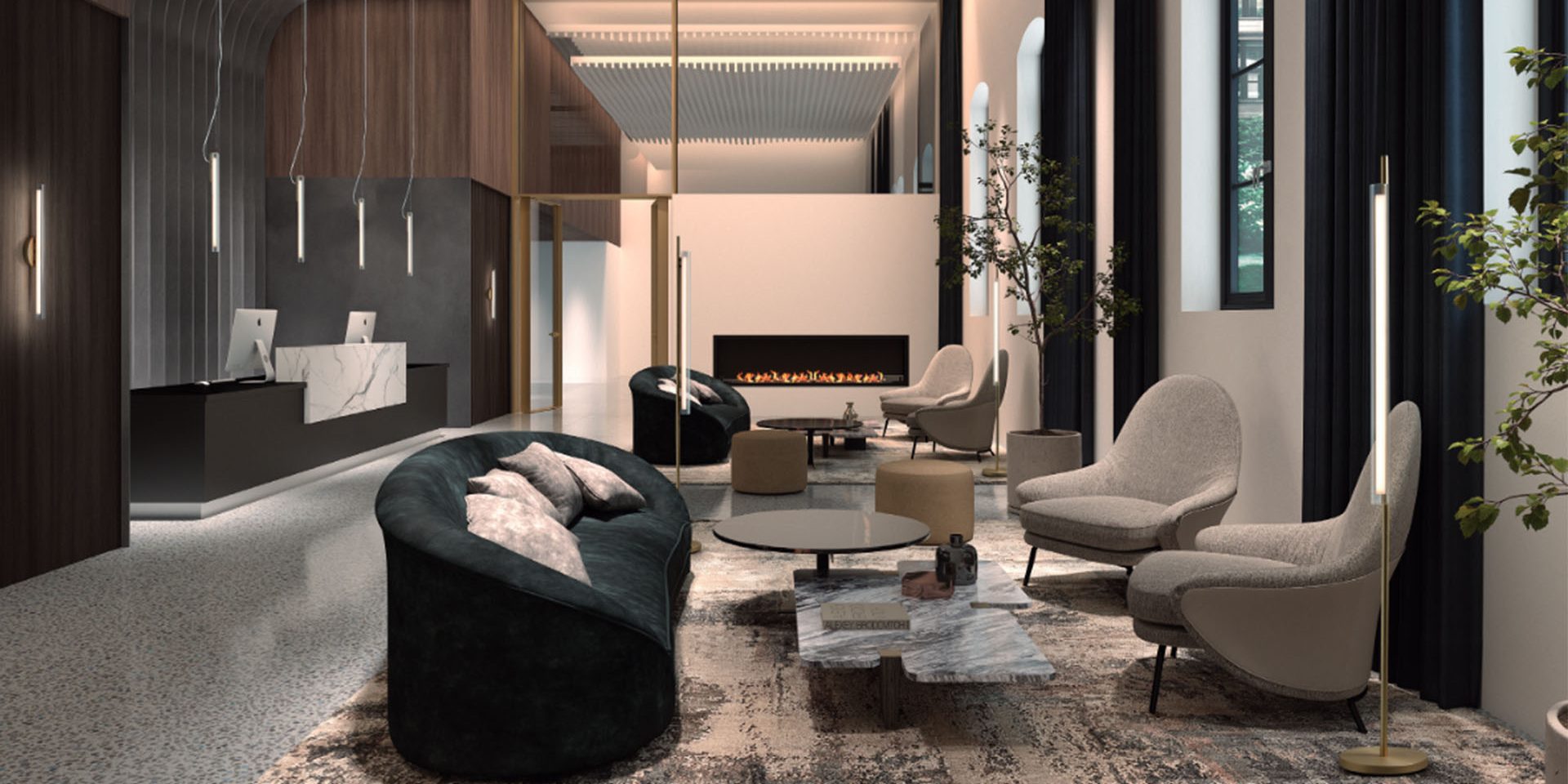 Tienda de lámparas en Madrid 5 – MetalyLuz Recibidor de hotel moderno con chimenea y lámparas modernas