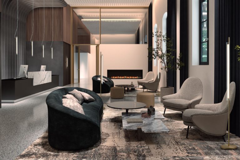 Tienda de lámparas en Madrid 5 – MetalyLuz Recibidor de hotel moderno con chimenea y lámparas modernas